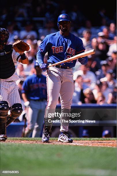 Carlos Delgado of the Toronto Blue Jays bats against the New York Yankees at Yankee Stadium on April 30, 2000 in the Bronx borough of New York City....