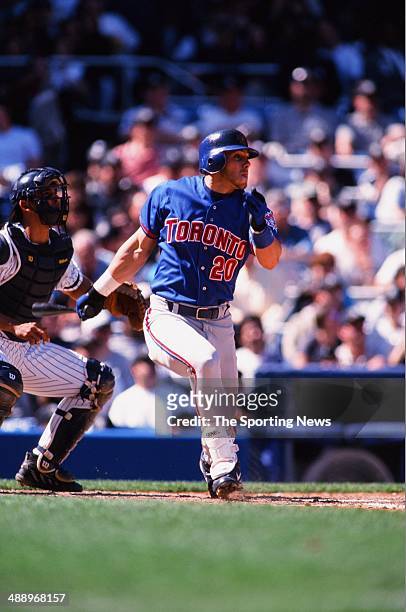 Brad Fullmer of the Toronto Blue Jays bats against the New York Yankees at Yankee Stadium on April 30, 2000 in the Bronx borough of New York City....