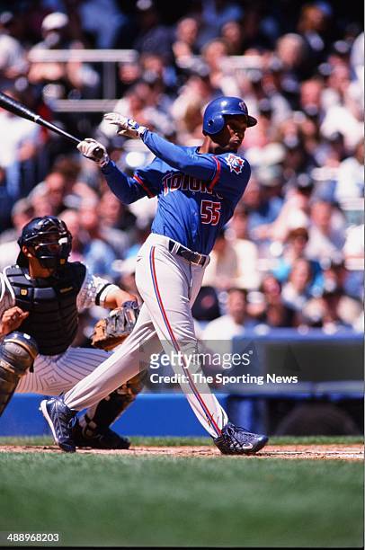 Dewayne Wise of the Toronto Blue Jays bats against the New York Yankees at Yankee Stadium on April 30, 2000 in the Bronx borough of New York City....