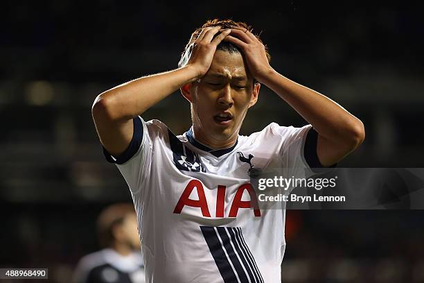 Son Heung-Min of Tottenham Hotspur reacts during the UEFA Europa League match between Tottenham Hotspur FC and Qarabag FK on September 17, 2015 in...