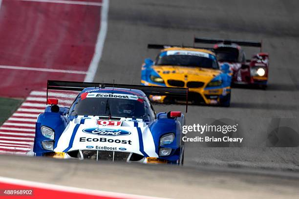 The Ford Riley of Scott Pruett and Joey Hand leads a pack of cars during practice for the IMSA Tudor Series race at Circuit of The Americas on...