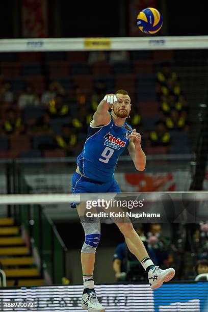 Ivan Zaytsev of Italy serves in the match against Venezuela during the FIVB Men's Volleyball World Cup Japan 2015 at the Osaka Municipal Central...