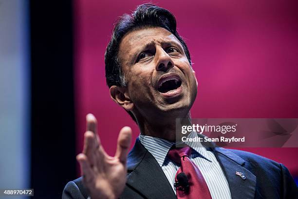 Louisiana Governor and presidential candidate Bobby Jindal speaks to voters at the Heritage Action Presidential Candidate Forum September 18, 2015 in...