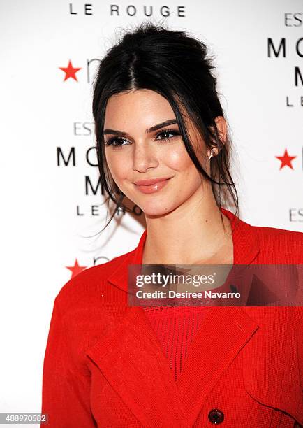 Model Kendall Jenner celebrates the launch of The New Estee Lauder Fragrance Modern Muse Le Rouge at Macy's Herald Square on September 18, 2015 in...