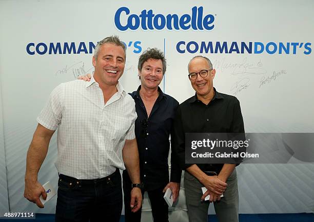 Actor Matt LeBlanc and writers Jeffrey Klarik and David Crane pose with Cottonelle at EXTRA's "WEEKEND OF | LOUNGE" produced by On 3 Productions at...