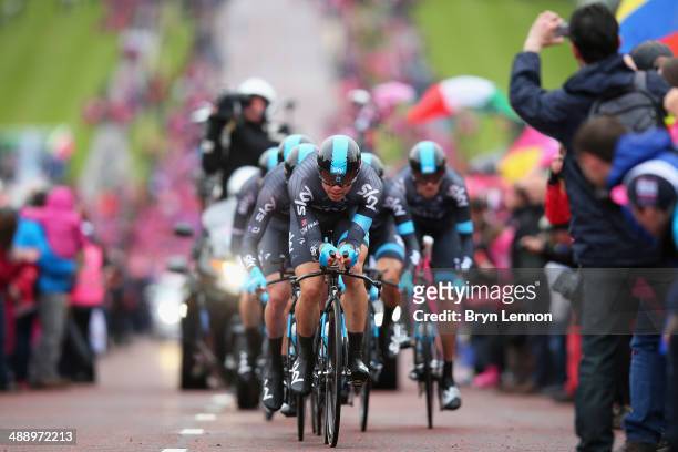 Edvald Boasson Hagen of Norway and Team SKY leads his team during the first stage of the 2014 Giro d'Italia, a 21km Team Time Trial stage at the...