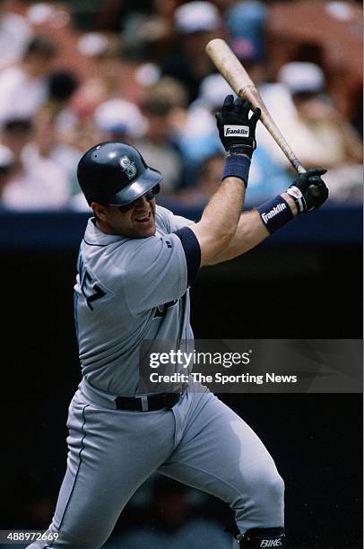 Edgar Martinez of the Seattle Mariners bats against the Kansas City Royals at Kauffman Stadium on June 9, 1996 in Kansas City, Missouri.