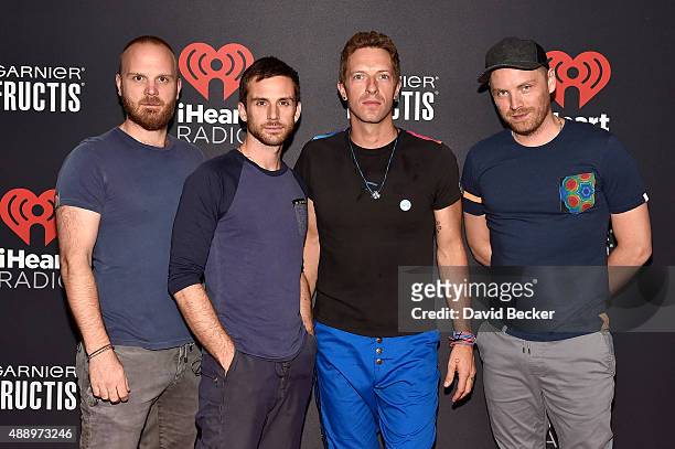 Musicians Will Champion, Guy Berryman, Chris Martin and Jonny Buckland of Coldplay attend the 2015 iHeartRadio Music Festival at MGM Grand Garden...