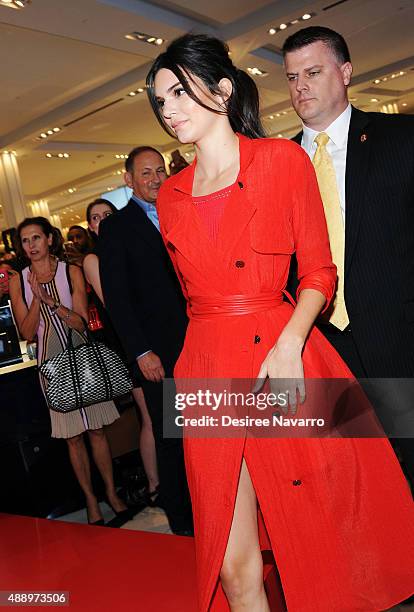 Model Kendall Jenner celebrates the launch of The New Estee Lauder Fragrance Modern Muse Le Rouge at Macy's Herald Square on September 18, 2015 in...