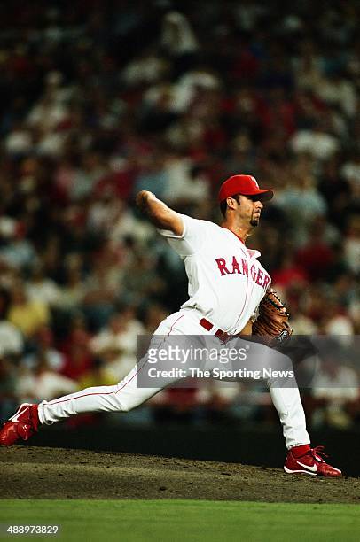 Esteban Loaiza of the Texas Rangers pitches against the Los Angeles Angels of Anaheim at Rangers Ballpark in Arlington on April 9, 1999 in Arlington,...