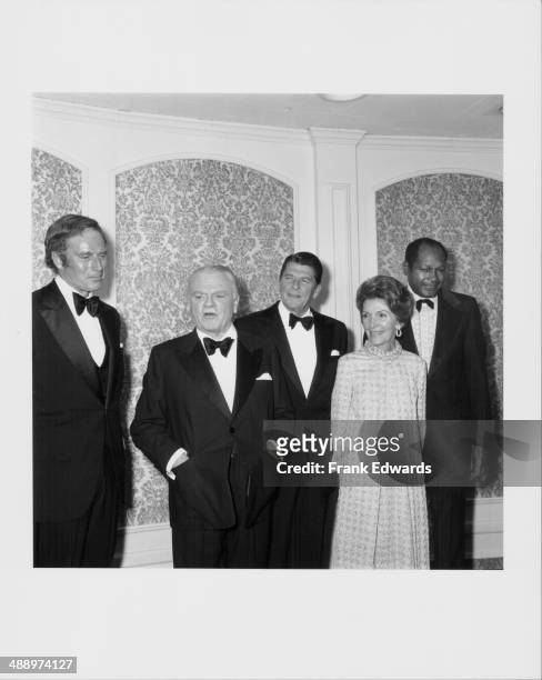 Actors Charlton Heston and James Cagney, with Governor of California Ronald Reagan, his wife Nancy Reagan, and Los Angeles Mayor Tom Bradley;...