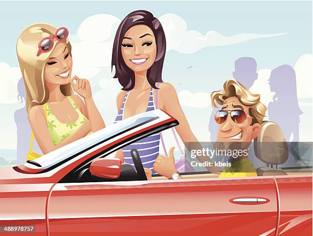 sexy rote cabrio - pärchen genießt urlaub sonnenbrille stock-grafiken, -clipart, -cartoons und -symbole