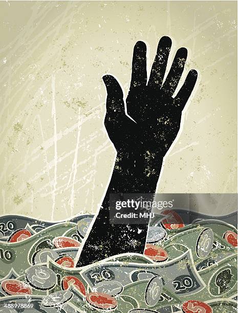 retro hand sinken in einem meer von geld - help single word stock-grafiken, -clipart, -cartoons und -symbole