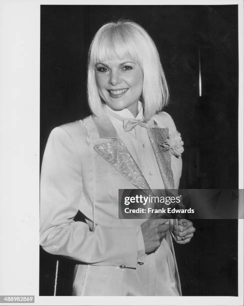 Actress Ann Jillian wearing a white tuxedo, attending the 42nd Golden Globe Awards, at the Beverly Hills Hilton Hotel, California, January 26th 1985.