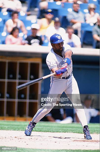 Joe Carter of the Toronto Blue Jays bats against the Chicago White Sox at Comiskey Park in Chicago, Illinois on May 22, 1996. The White Sox defeated...