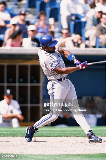 Joe Carter of the Toronto Blue Jays bats against the Chicago White Sox at Comiskey Park in Chicago, Illinois on May 22, 1996. The White Sox defeated...