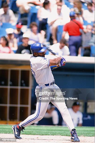 Joe Carter of the Toronto Blue Jays bats against the Chicago White Sox at Comiskey Park in Chicago, Illinois on May 22, 1996. The White Sox defeated...