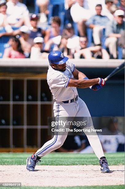 Joe Carter of the Toronto Blue Jays bats against the Chicago White Sox at Comiskey Park in Chicago, Illinois on May 22, 1996. The White Sox defeated...