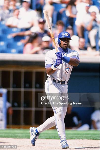 Carlos Delgado of the Toronto Blue Jays bats against the Chicago White Sox at Comiskey Park in Chicago, Illinois on May 22, 1996. The White Sox...