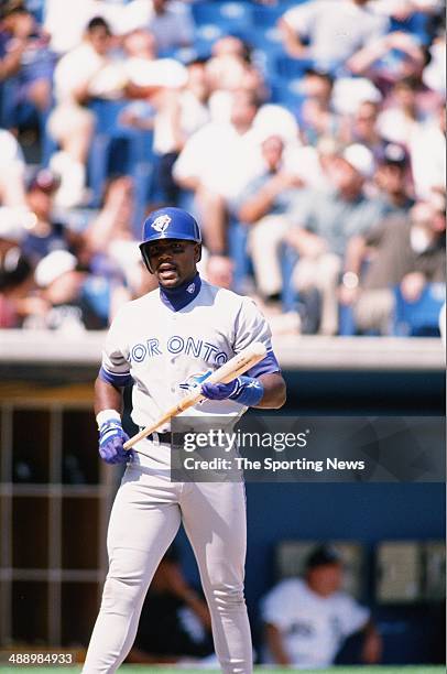 Carlos Delgado of the Toronto Blue Jays bats against the Chicago White Sox at Comiskey Park in Chicago, Illinois on May 22, 1996. The White Sox...