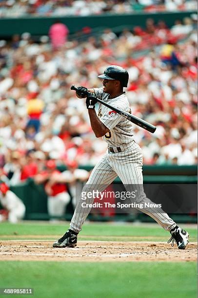 Tony Womack of the Pittsburgh Pirates bats against the St. Louis Cardinals at Busch Stadium on July 3, 1997 in St. Louis, Missouri. The Pirates...