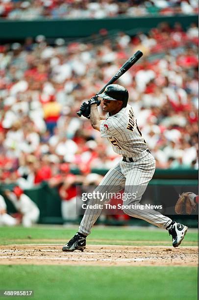 Tony Womack of the Pittsburgh Pirates bats against the St. Louis Cardinals at Busch Stadium on July 3, 1997 in St. Louis, Missouri. The Pirates...