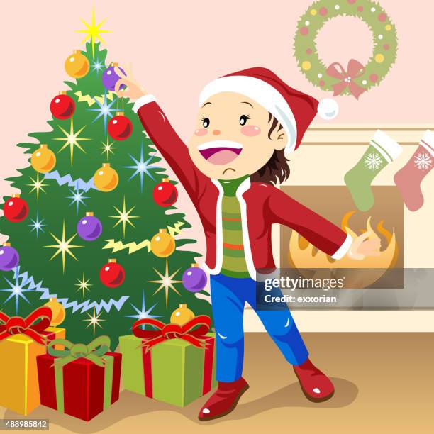 child decorating christmas tree - tree trimming stock illustrations