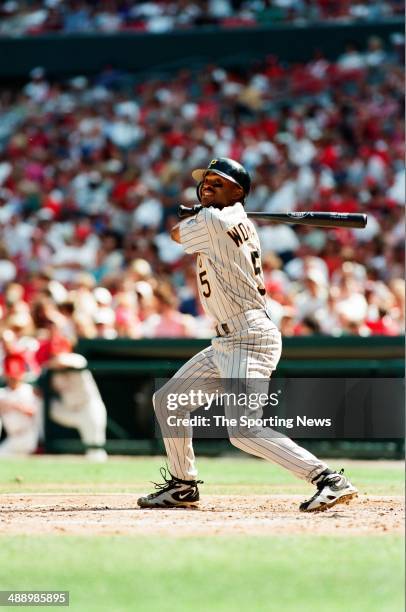 Tony Womack of the Pittsburgh Pirates bats against the St. Louis Cardinals at Busch Stadium on July 3, 1997 in St. Louis, Missouri. The Pirates...