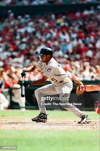 Tony Womack of the Pittsburgh Pirates bats against the St. Louis Cardinals at Busch Stadium on July 3, 1997 in St. Louis, Missouri. The Pirates...