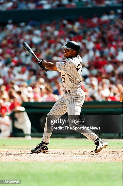 Tony Womack of the Pittsburgh Pirates bats against the St. Louis Cardinals at Busch Stadium on July 3, 1997 in St. Louis, Missouri. The Pirates...