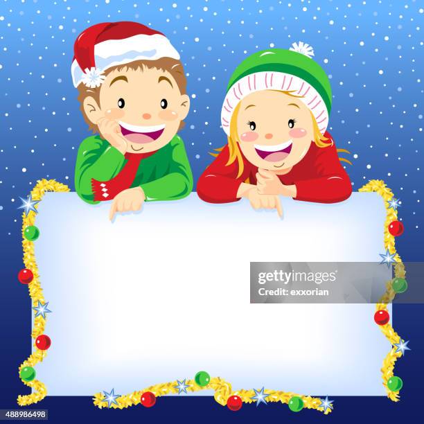 kids pointing a christmas notice - community message board stock illustrations