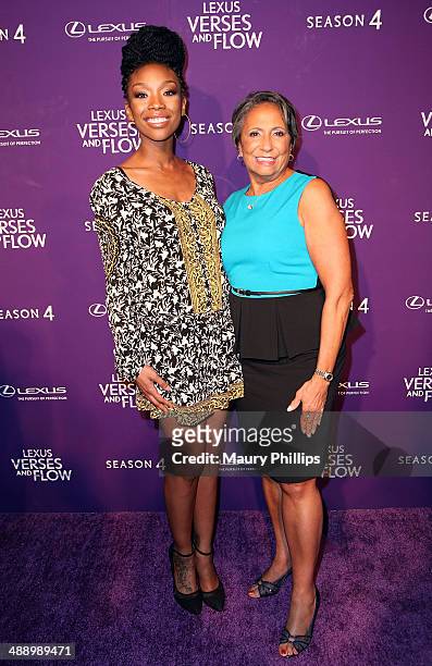 Brandy Norwood and Cathy Hughes arrive at "Verses And Flow" Season 4 taping presented by TV One at Siren Studios on May 8, 2014 in Hollywood,...