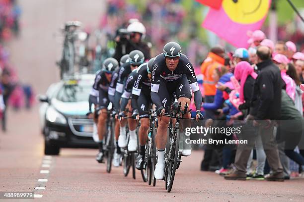 Alessandro Petacchi of Italy and Omega Pharma-QuickStepleads his team during the first stage of the 2014 Giro d'Italia, a 21km Team Time Trial stage...