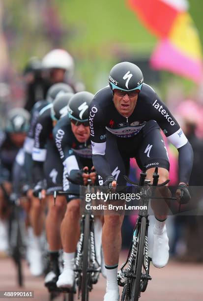 Alessandro Petacchi of Italy and Omega Pharma-QuickStepleads his team during the first stage of the 2014 Giro d'Italia, a 21km Team Time Trial stage...