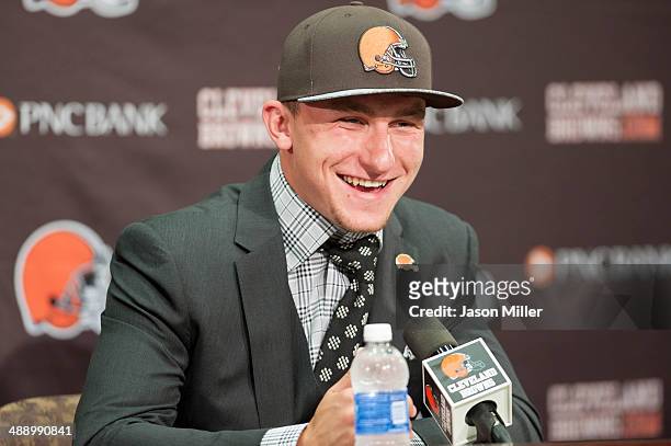 Cleveland Browns draft pick Johnny Manziel is answers questions during a press conference at the Browns training facility on May 9, 2014 in...