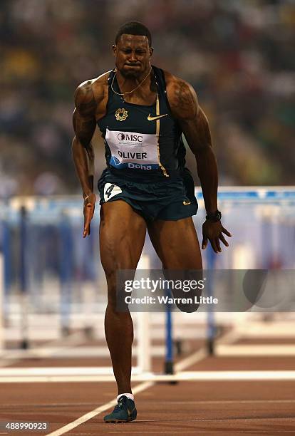 David Oliver of the USA en route to winning the 110m hurdles during the 2014 Doha IAAF Diamond League at Qatar Sports Club on May 9, 2014 in Doha,...