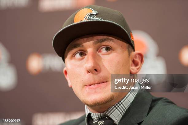 Cleveland Browns draft pick Johnny Manziel answers questions during a press conference at the Browns training facility on May 9, 2014 in Cleveland,...