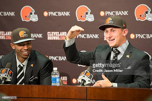 Cleveland Browns draft picks Justin Gilbert and Johnny Manziel answer questions during a press conference at the Browns training facility on May 9,...