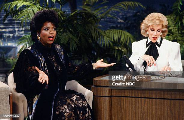 Pictured: Talk show host Oprah Winfrey during an interview with guest host Joan Rivers on January 27, 1986 --