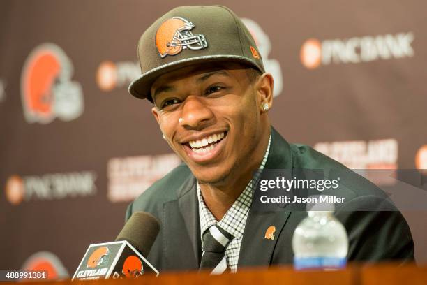 Cleveland Browns draft pick Justin Gilbert answers questions during a press conference at the Browns training facility on May 9, 2014 in Cleveland,...