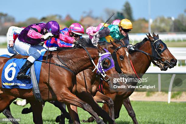 Vlad Duric riding So He Does wins Race 3 during Melbourne Racing at Caulfield Racecourse on September 19, 2015 in Melbourne, Australia.