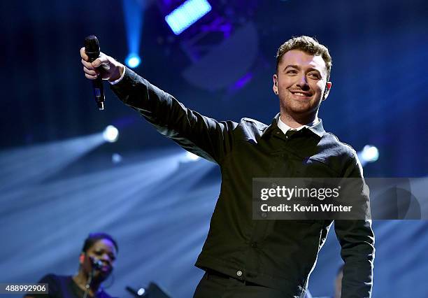 Singer/songwriter Sam Smith performs onstage at the 2015 iHeartRadio Music Festival at MGM Grand Garden Arena on September 18, 2015 in Las Vegas,...