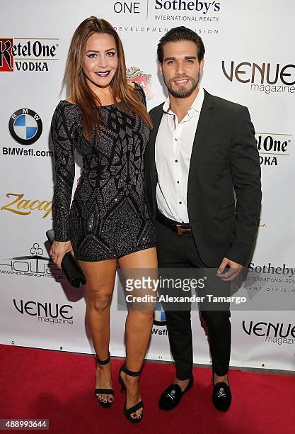 Dayana Garroz and Darian Alvarez arrive at the Venue Magazine 9 year anniversary party at House Nightclub on September 18, 2015 in Miami, Florida.