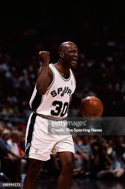 Terry Porter of the San Antonio Spurs reacts during the game against the Dallas Mavericks in Game One of the Western Conference Semifinals on May 5,...