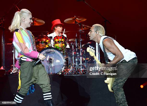 Singer Gwen Stefani, drummer Adrian Young and bass player Tony Kanal of No Doubt perform onstage during 2015 KAABOO Del Mar at the Del Mar...