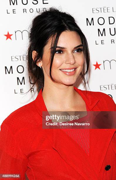 Model Kendall Jenner celebrates the launch of The New Estee Lauder Fragrance Modern Muse Le Rouge at Macy's Herald Square on September 18, 2015 in...