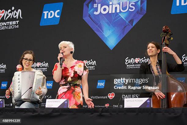 Yvonne Grunwald, Ela Steinmetz and Natalie Ploger of the group Elaiza from Germany attend a press conference ahead of the Grand Final of the...