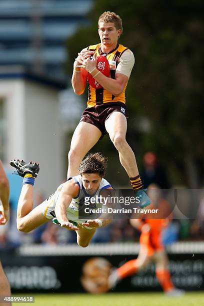 Jed Anderson of Box Hill marks the ball during the VFL Preliminary Final match between Box Hill Hawks and Sandringham at North Port Oval on September...