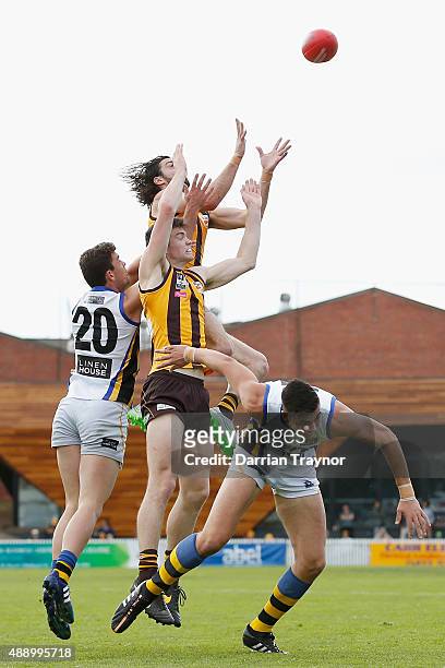Matt Spangher of Box Hill marks the ball during the VFL Preliminary Final match between Box Hill Hawks and Sandringham at North Port Oval on...