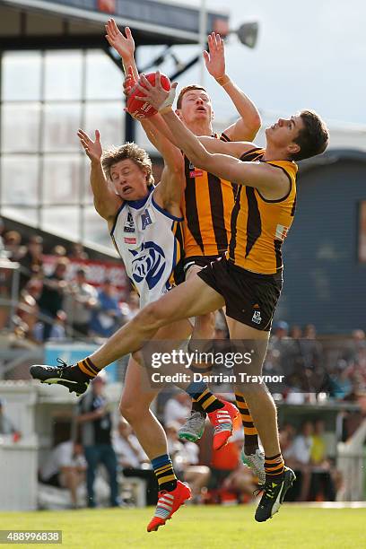 Daniel Howe of Box Hill attempts to mark the ball during the VFL Preliminary Final match between Box Hill Hawks and Sandringham at North Port Oval on...